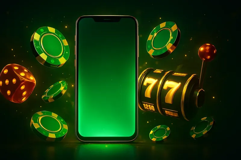 Glowing smartphone with casino chips, slot reels, and dice on dark neon background